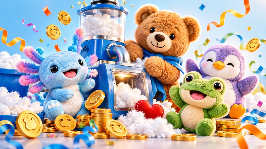 Illustrated plush buddies gathered around a stuffing machine