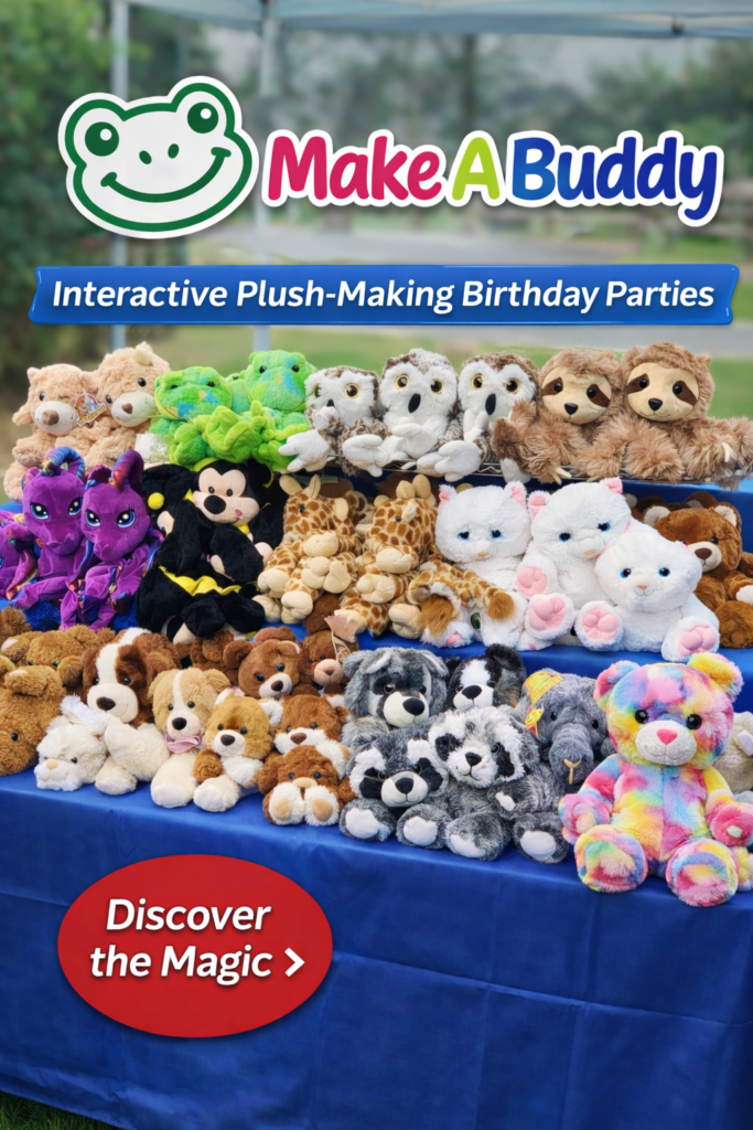 a table with some of our 16" buddies, ready to be picked, stuffed and loved by our party guests!