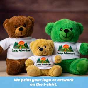 three plush buddies wearing camp shirts